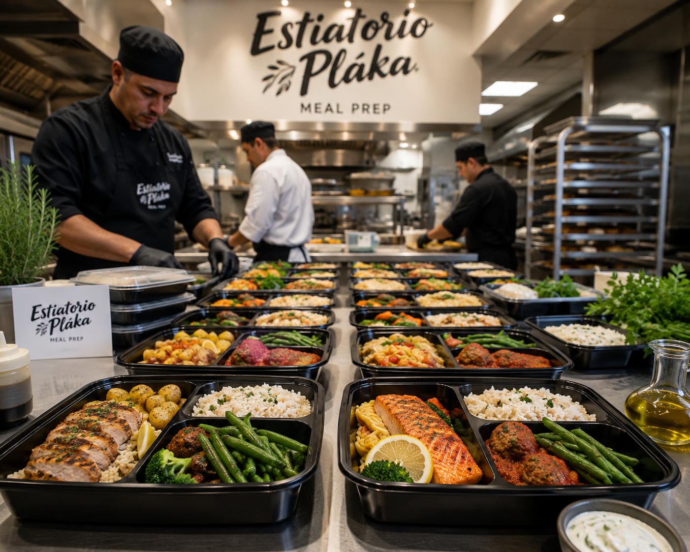 Rows of fresh Plaka meal prep containers ready for pickup