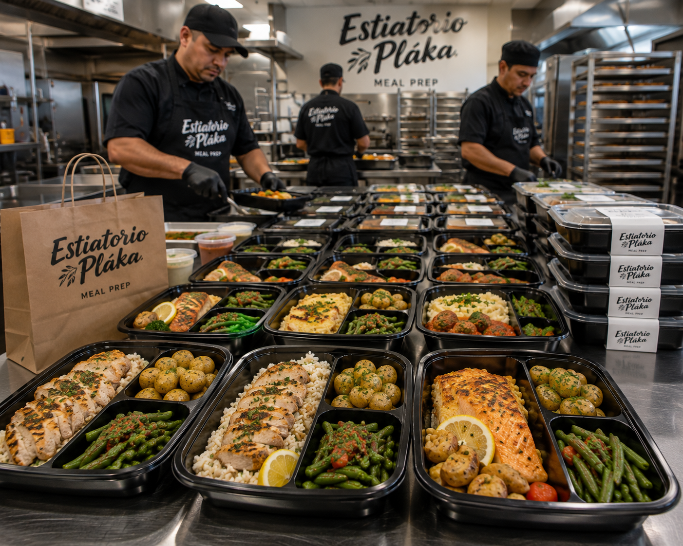 Estiatorio Plaka chefs preparing fresh meal prep containers